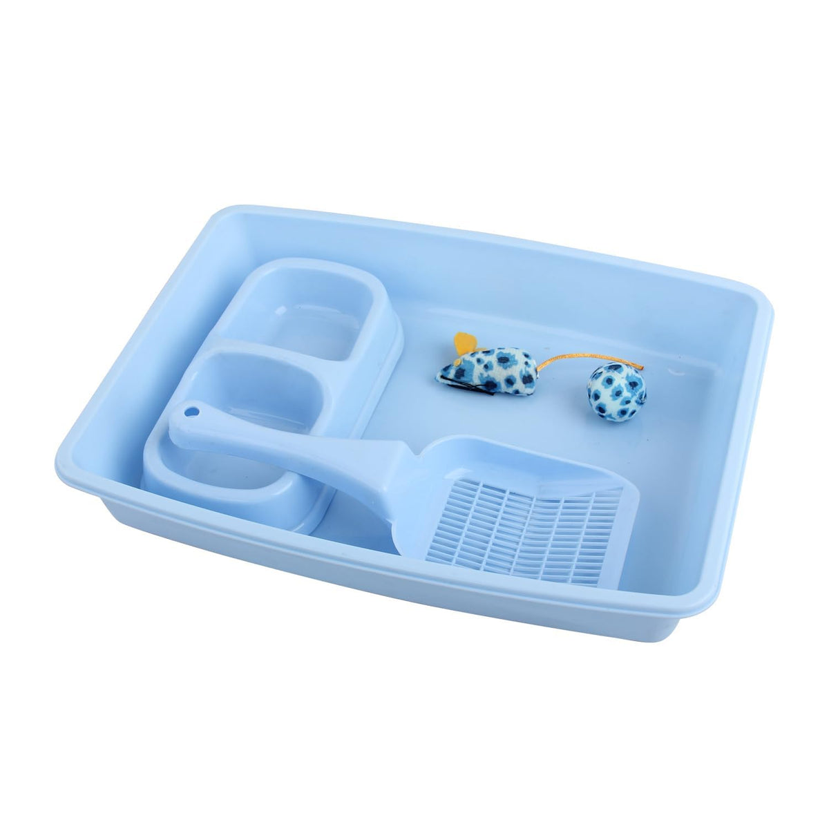 Cat Litter Box Set with Litter Scoop, Double Dish Cat Bowl, Mouse and Ball Toy C835