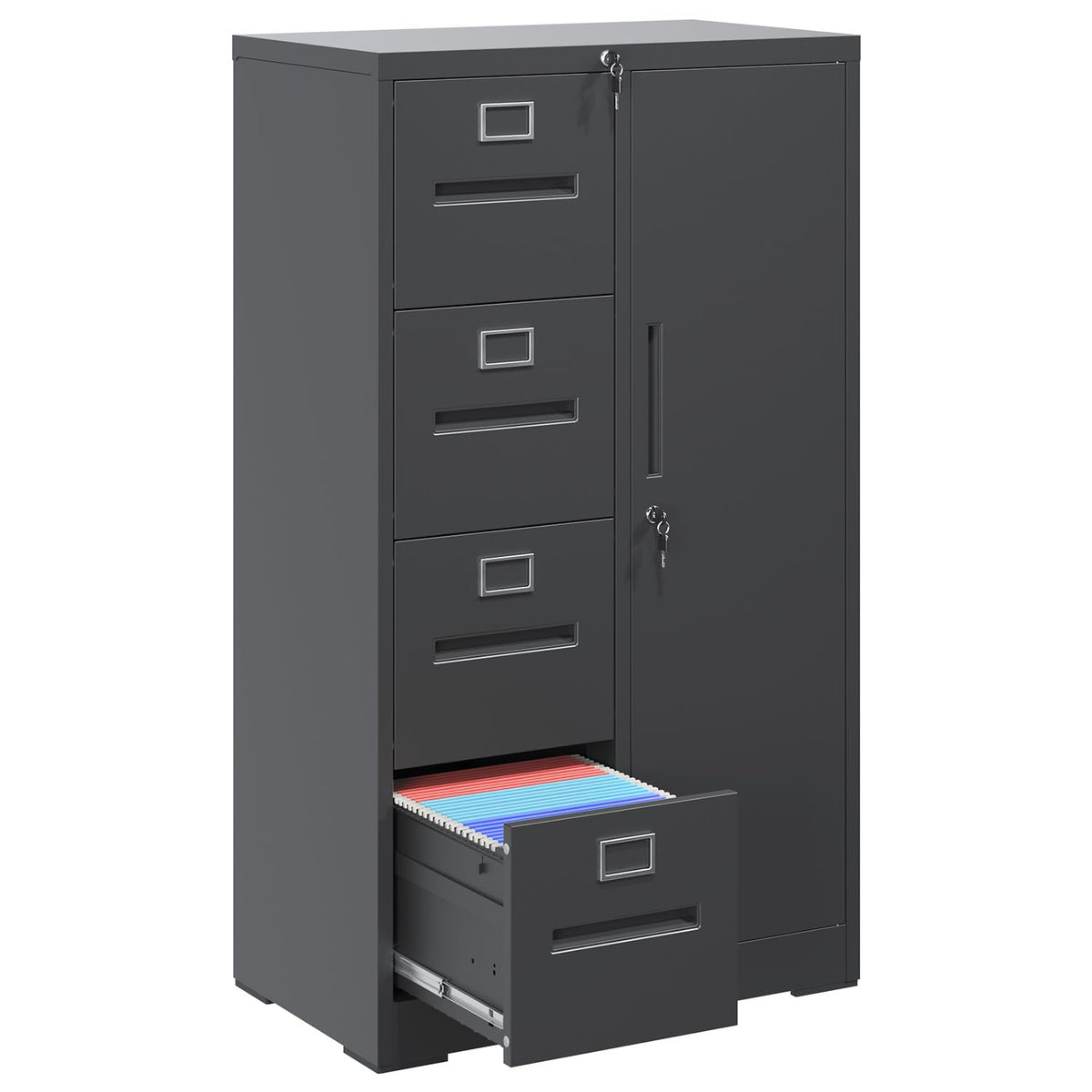 4 Drawer Vertical File Cabinet with Lock and Storage Shelves Black O256