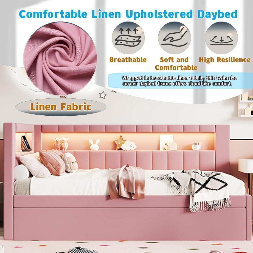 Twin Size Linen Fabric Daybed with Trundle and USB Ports W805377