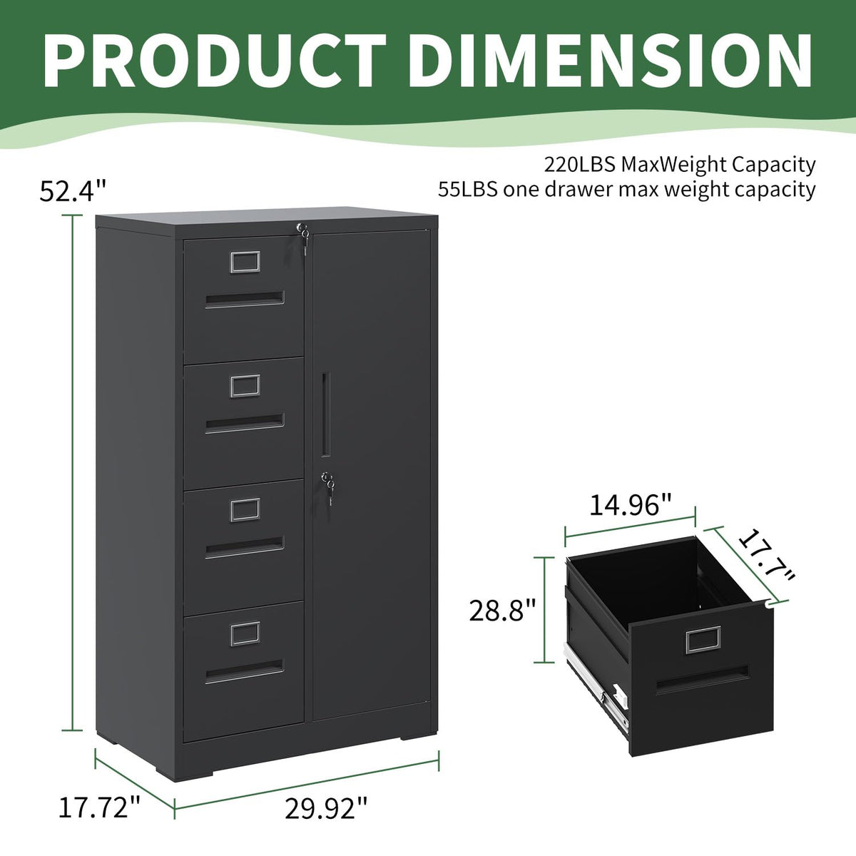 4 Drawer Vertical File Cabinet with Lock and Storage Shelves Black O256