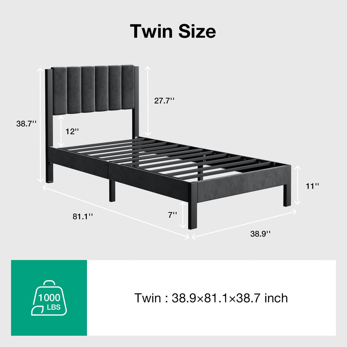 Twin Size Metal Platform Bed Frame with Velvet Headboard and Footboard W223588