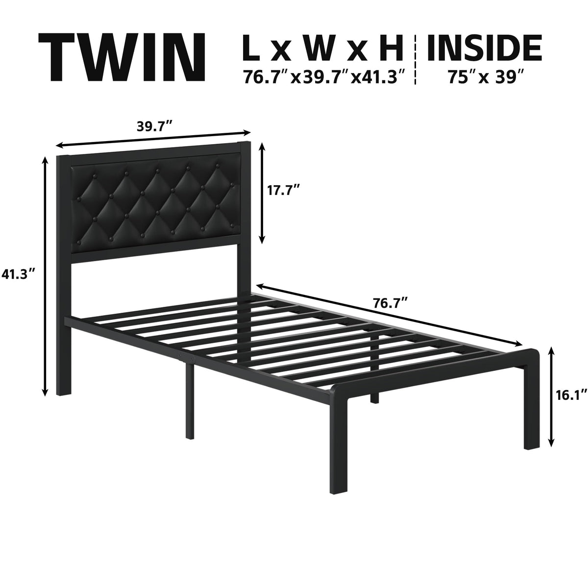 Black PU Leather Upholstered Twin Bed Frame with Headboard Q1317