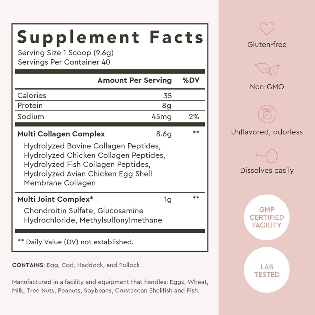 Multi Collagen Powder Type I II III V X Hydrolyzed Collagen Peptides MSM Unflavored 40 Servings V51719