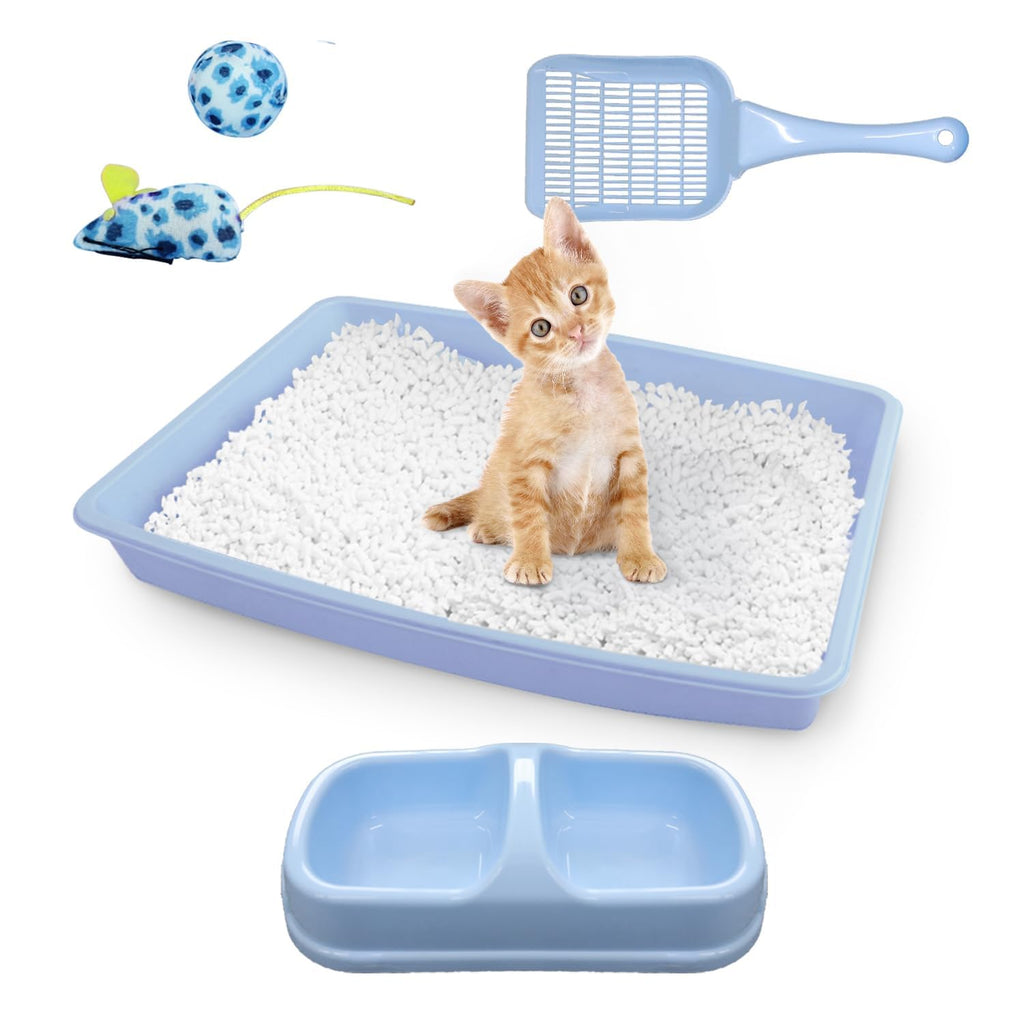 Cat Litter Box Set with Litter Scoop, Double Dish Cat Bowl, Mouse and Ball Toy C835