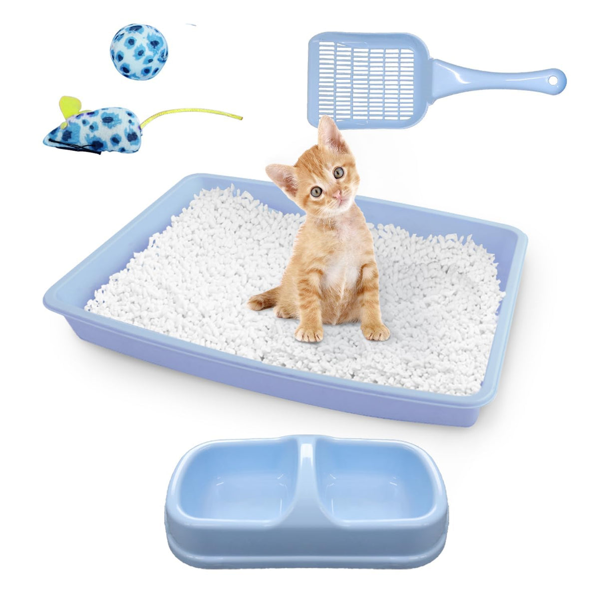 Cat Litter Box Set with Litter Scoop, Double Dish Cat Bowl, Mouse and Ball Toy C835