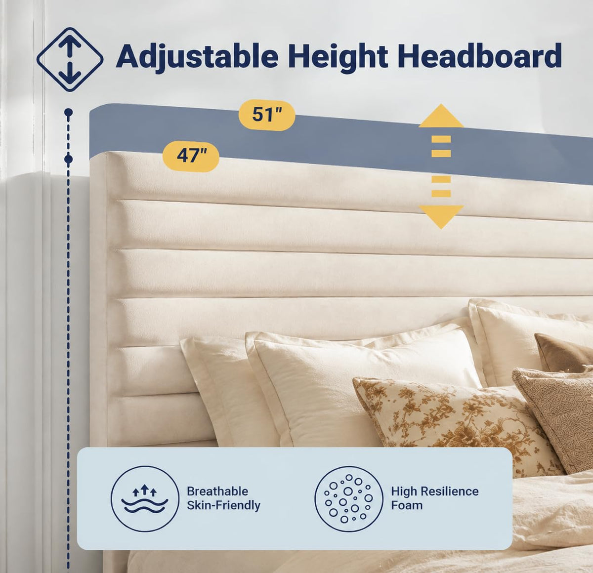 Queen Velvet Upholstered Bed Frame with Adjustable Headboard Y494424