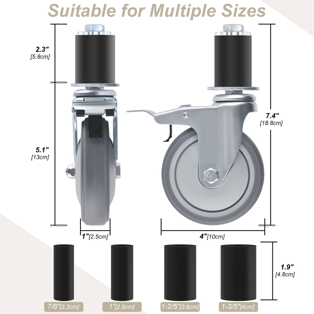 4 Inch Heavy Duty Expanding Stem Caster Wheels Set with Brake H300