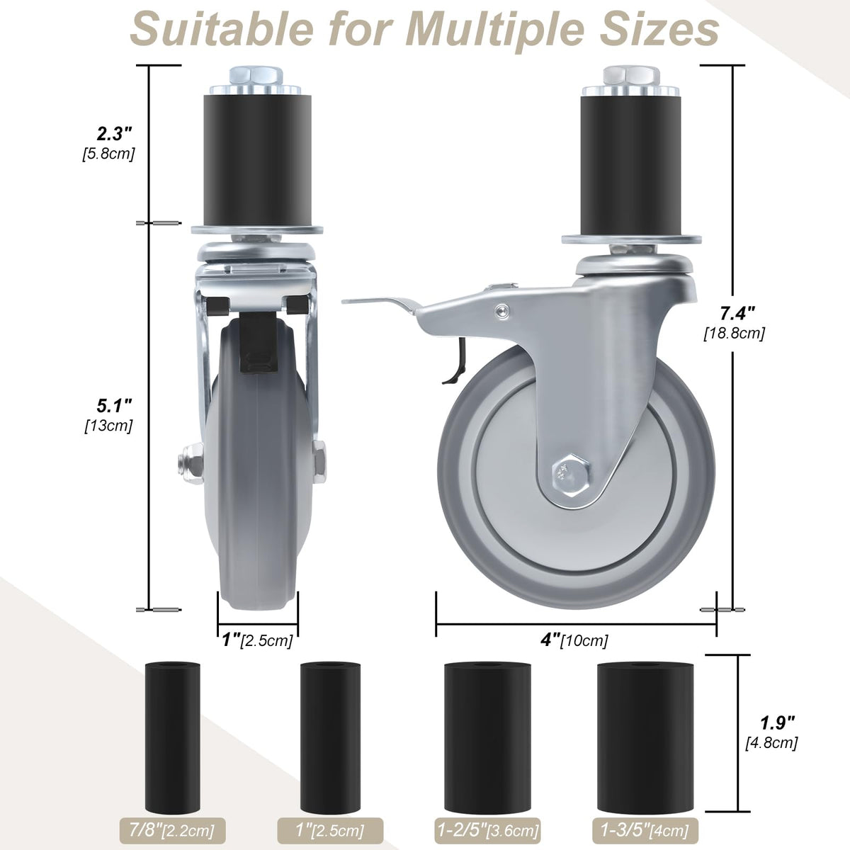 4 Inch Heavy Duty Expanding Stem Caster Wheels Set with Brake H300