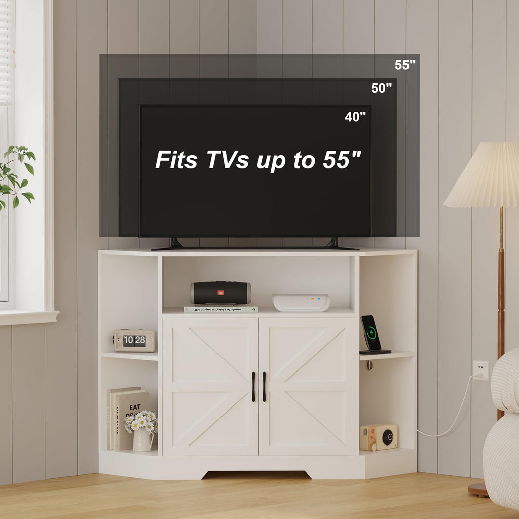 Corner TV Stand with Power Outlet & Barn Doors C998