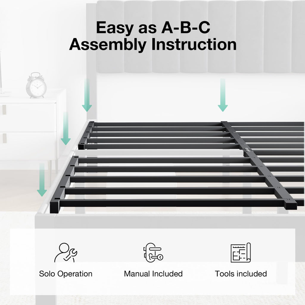 Twin Size Metal Platform Bed Frame with Velvet Headboard and Footboard W223588