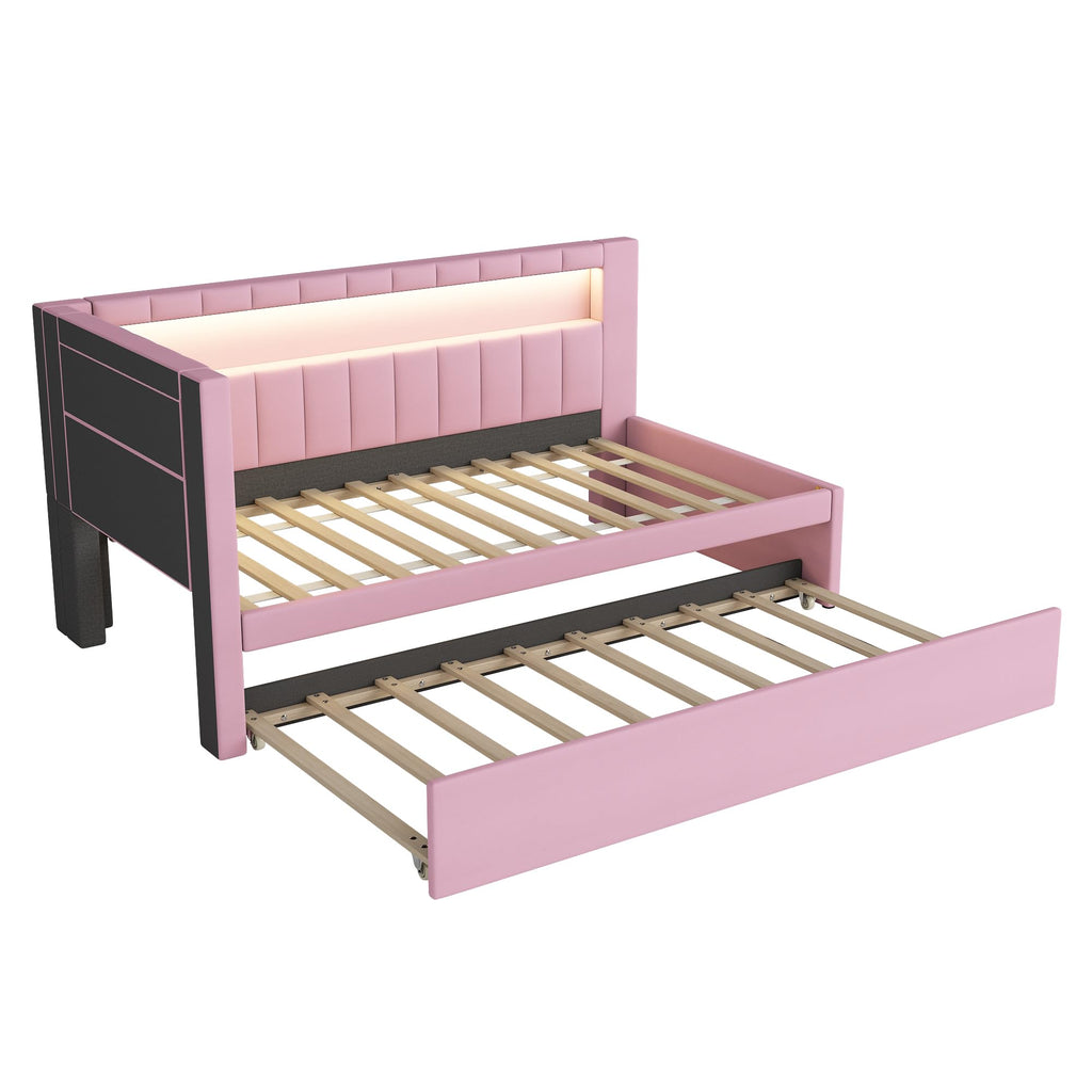 Twin Size Linen Fabric Daybed with Trundle and USB Ports W805377
