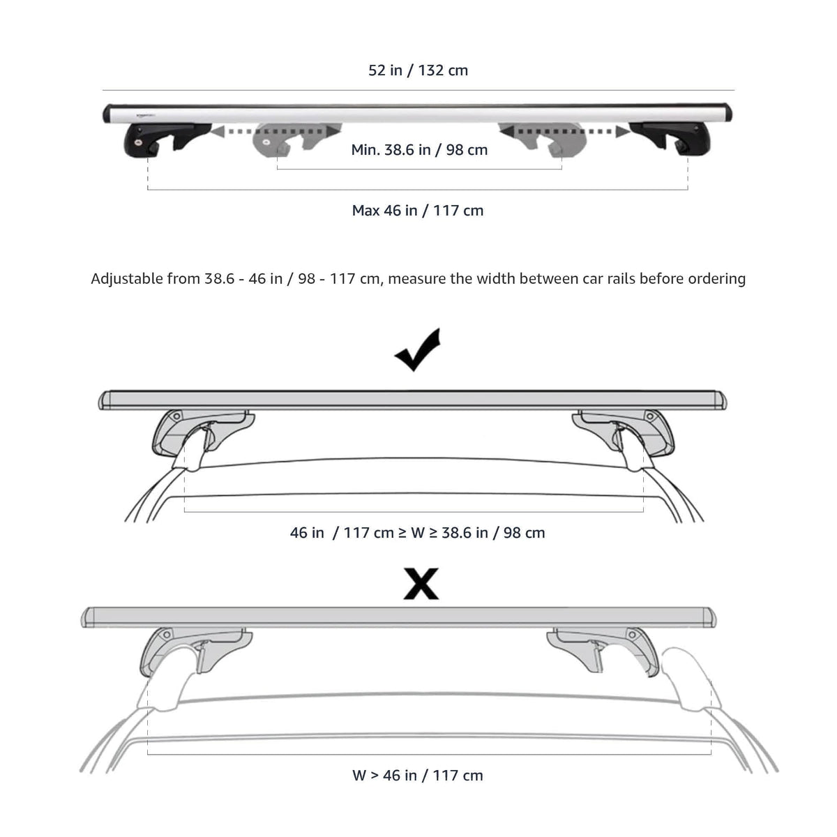 Black/Silver Cross Rail Roof Rack, 52 inches, Pack of 2 K775062