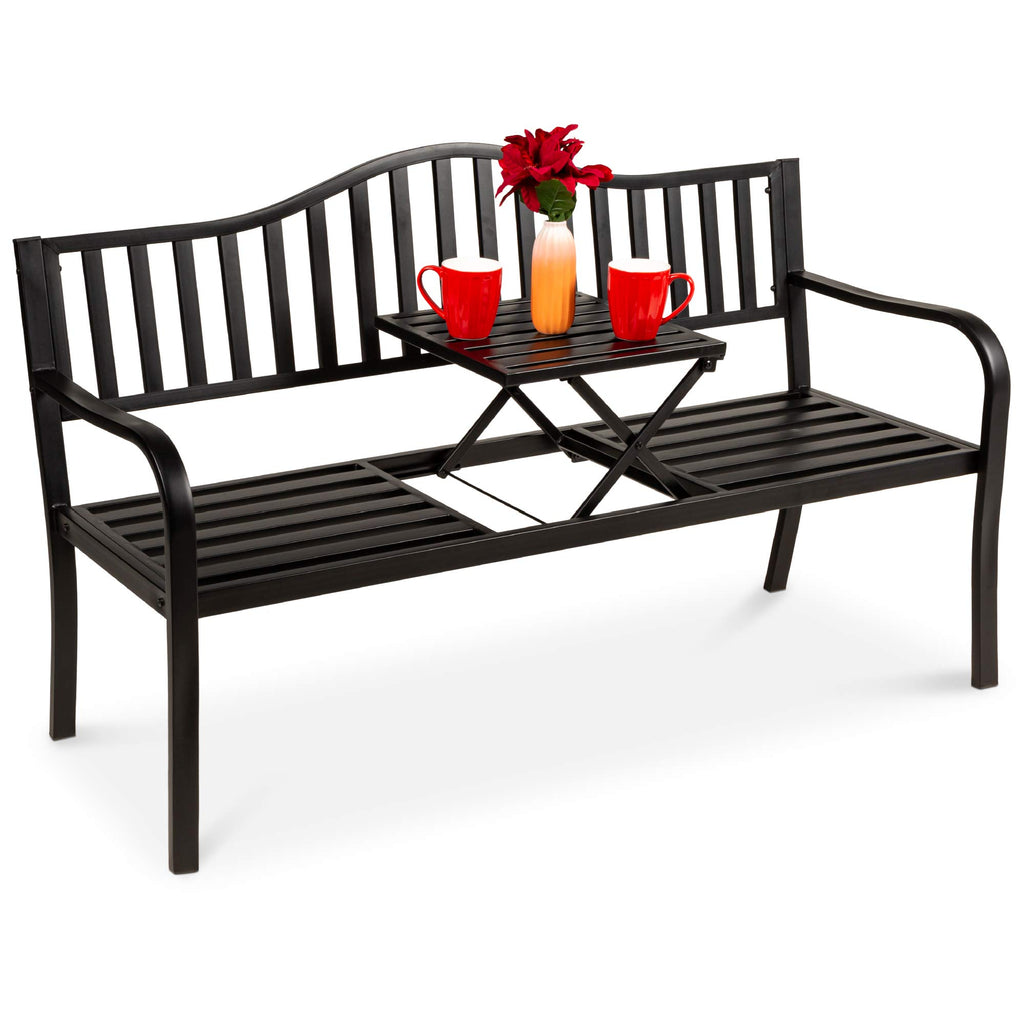Black Steel Outdoor Garden Bench with Pullout Middle Table D761