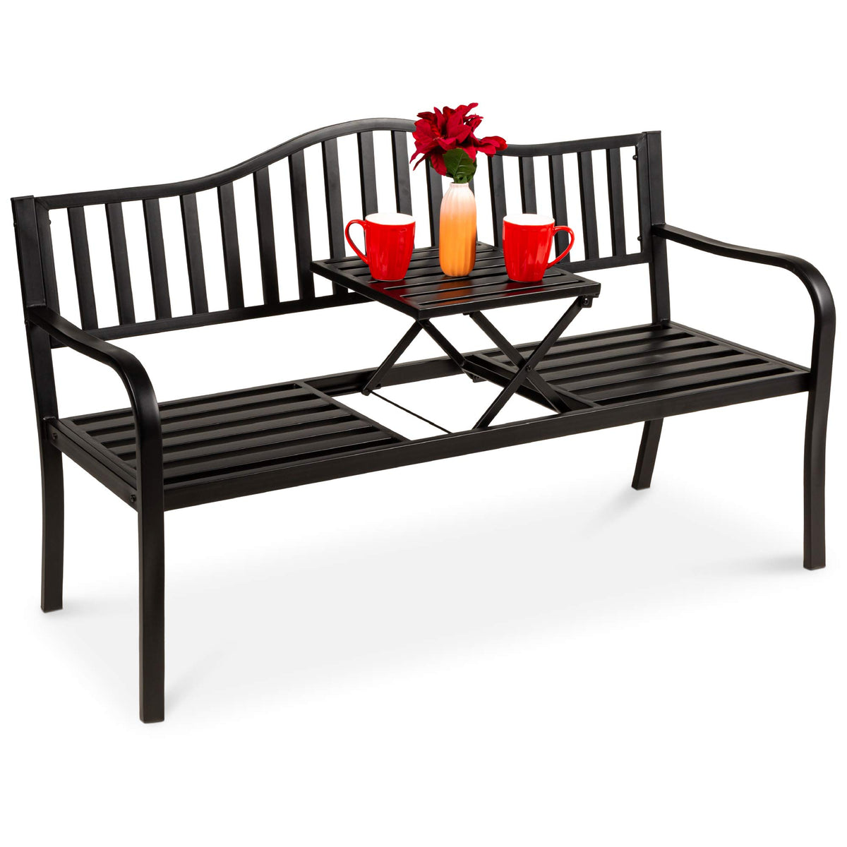 Black Steel Outdoor Garden Bench with Pullout Middle Table D761