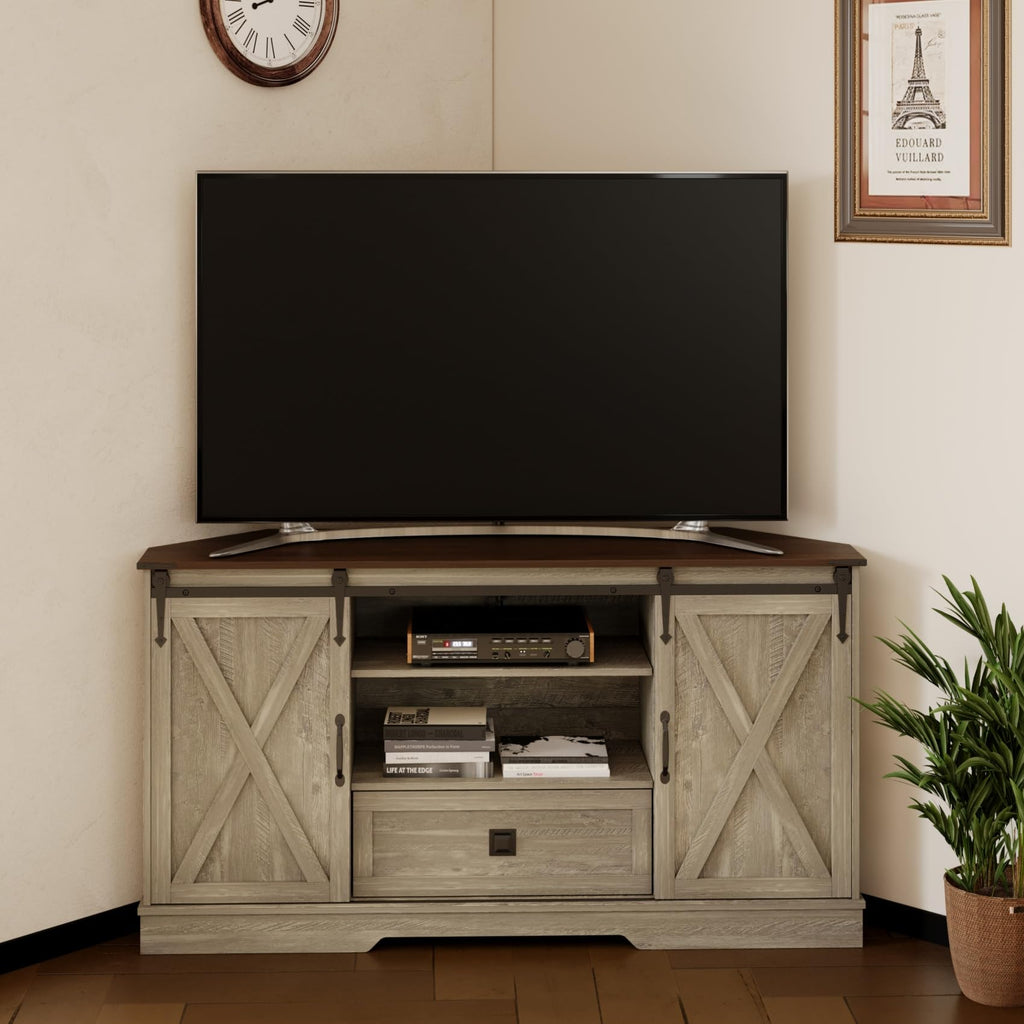 Corner TV Stand with Sliding Barn Door & Removable Shelves P767698