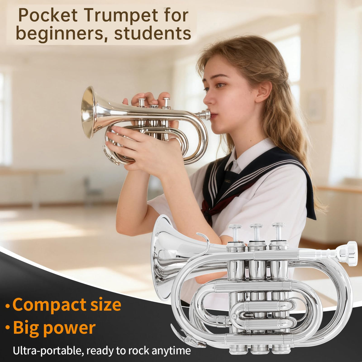 Bb Portable Pocket Trumpet with Case, 7C Mouthpiece and Cleaning Kit D284