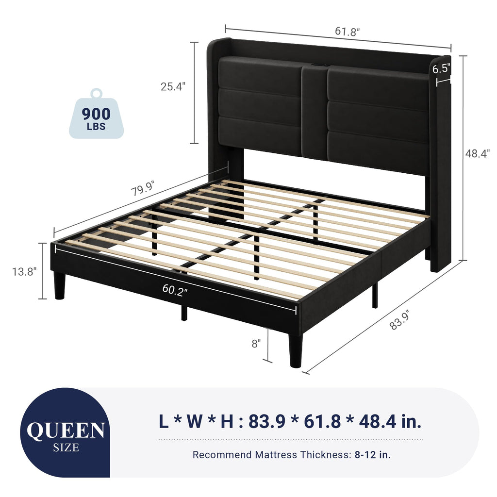 Queen Size Black Velvet Upholstered Platform Bed Frame with Storage Headboard W9954