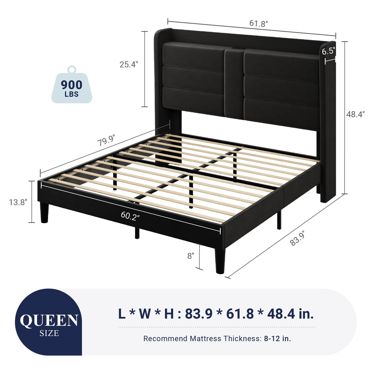 Queen Size Black Velvet Upholstered Platform Bed Frame with Storage Headboard W9954
