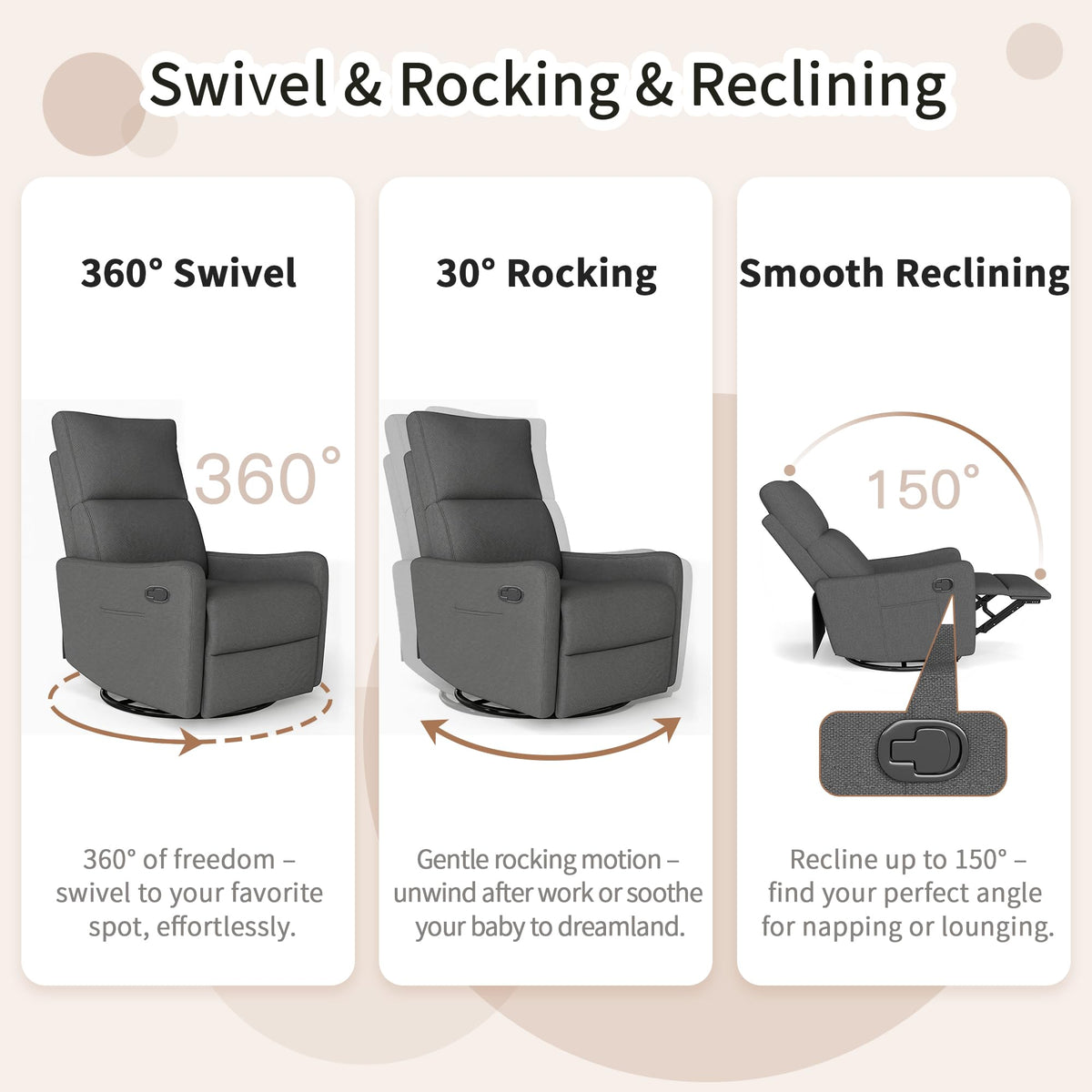 Dark Gray Swivel Rocker Recliner Chair X1826