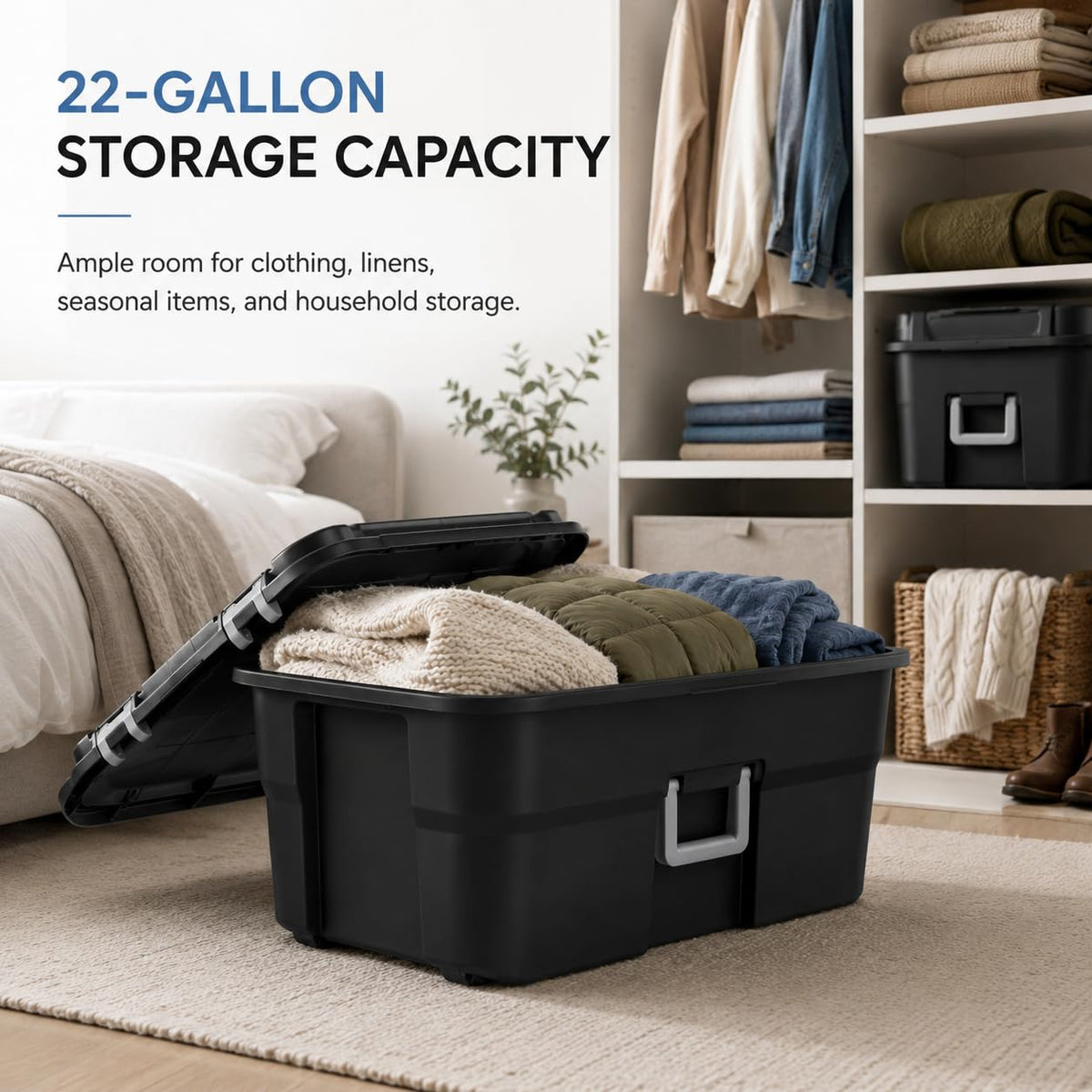 Black Plastic Storage Footlocker with Wheels K1346
