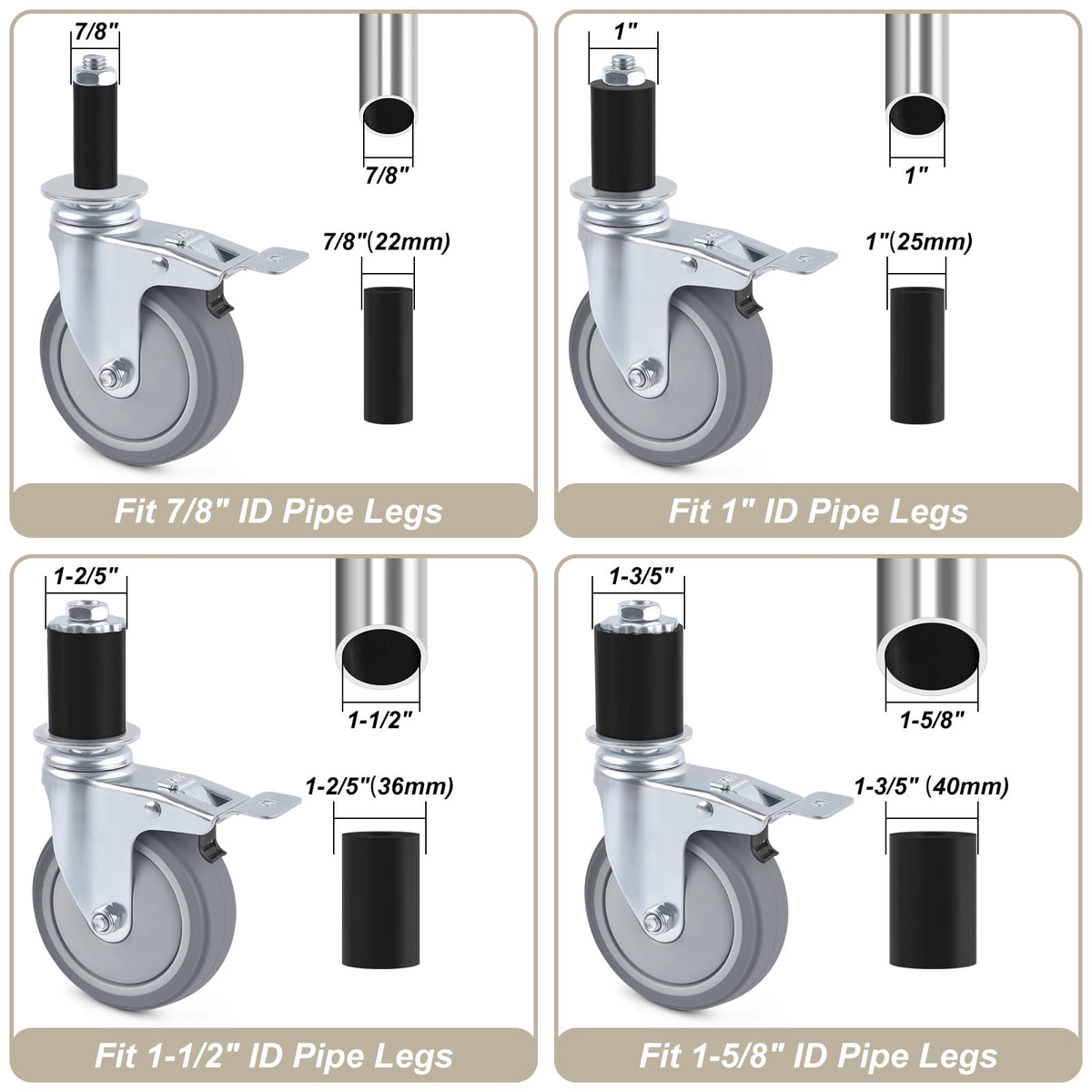 4 Inch Heavy Duty Expanding Stem Caster Wheels Set with Brake H300