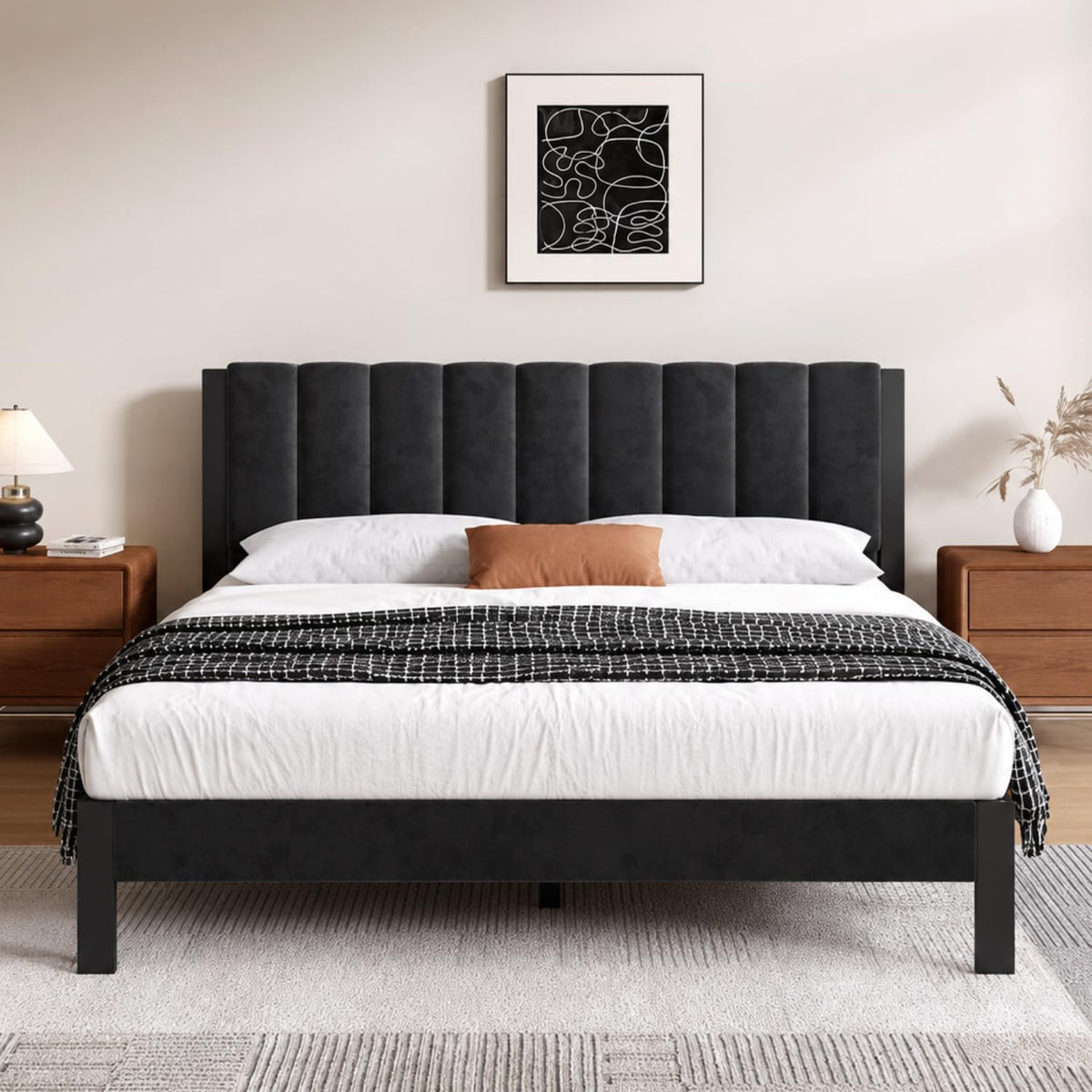 Twin Size Metal Platform Bed Frame with Velvet Headboard and Footboard W223588