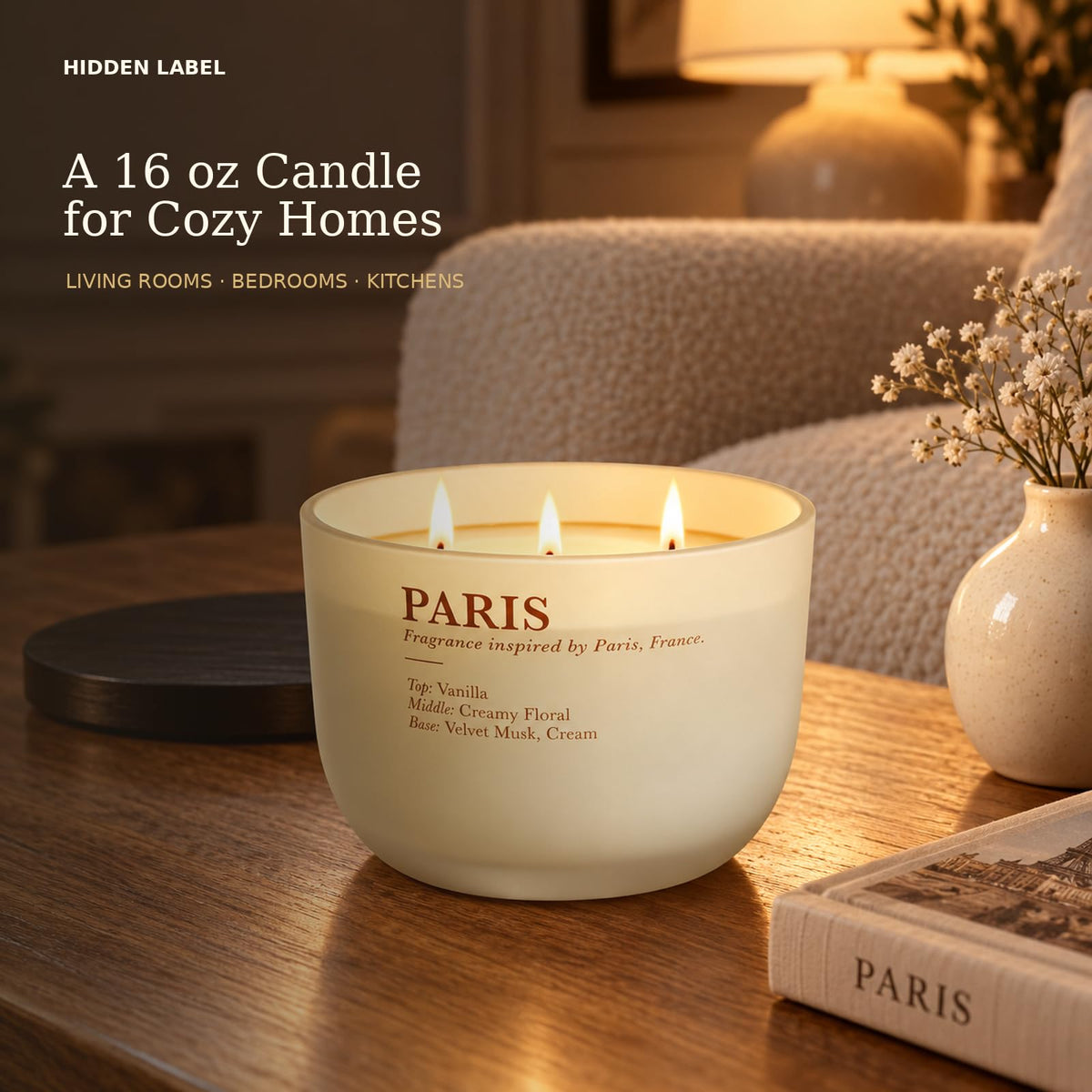 Vanilla Cream Scented Candle, 16 oz, 3-Wick Soy Wax A790840