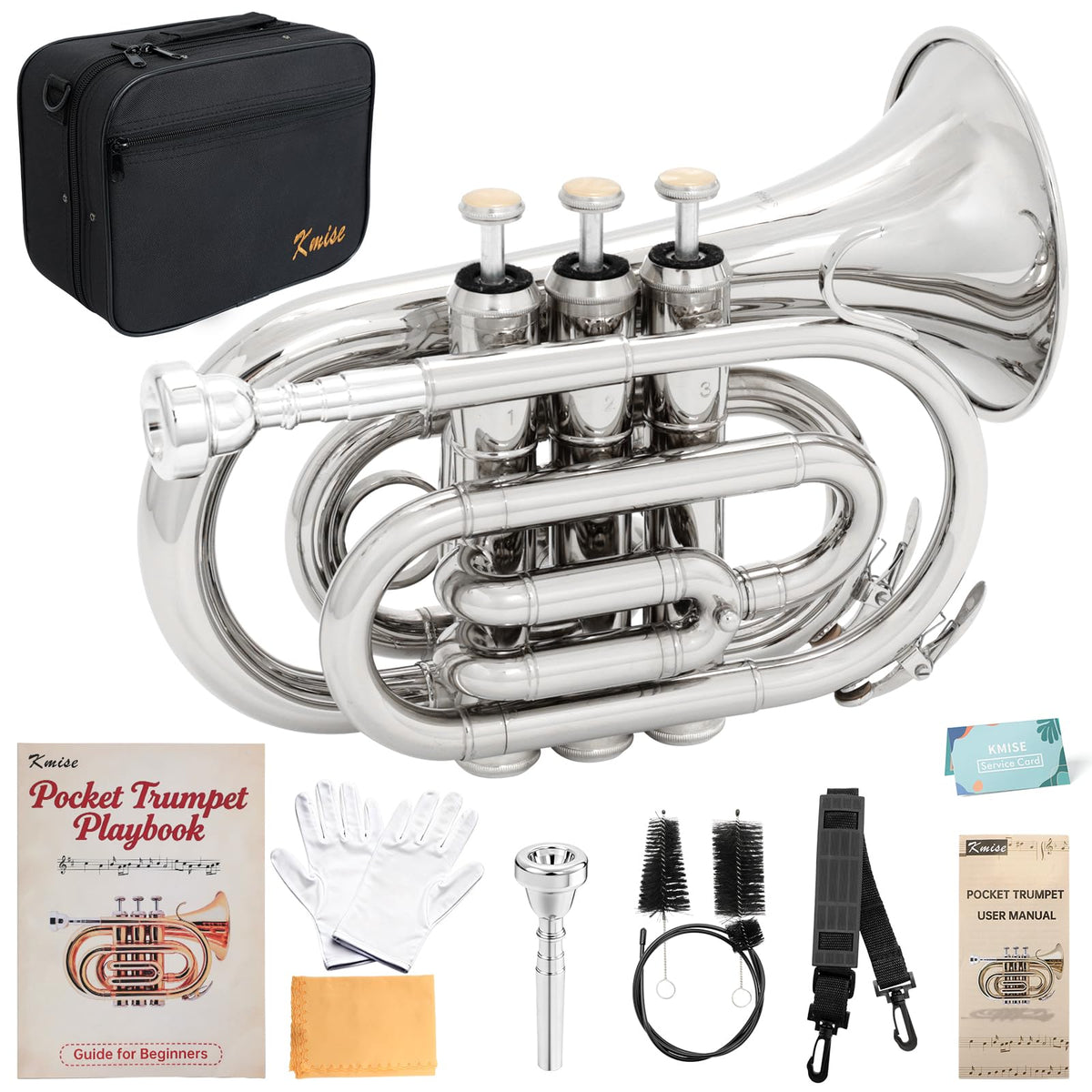 Bb Portable Pocket Trumpet with Case, 7C Mouthpiece and Cleaning Kit D284