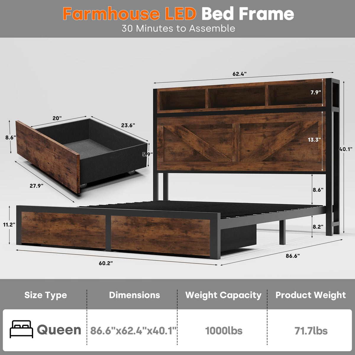 Queen Bed Frame with Bookcase Storage Headboard and 2 Storage Drawers O53786