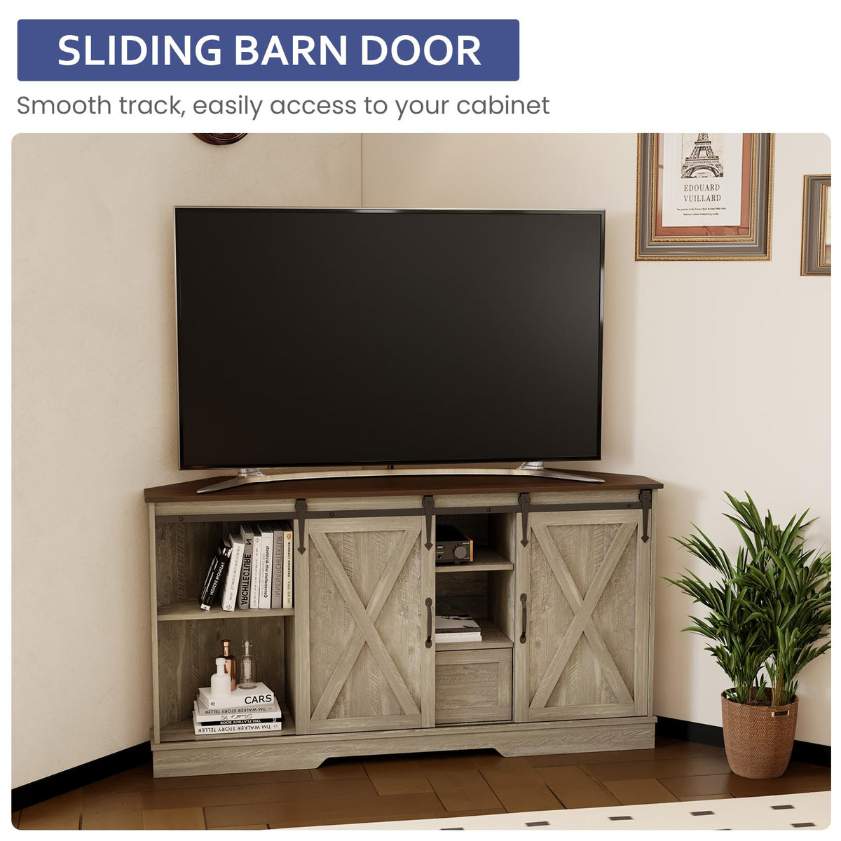 Corner TV Stand with Sliding Barn Door & Removable Shelves P767698