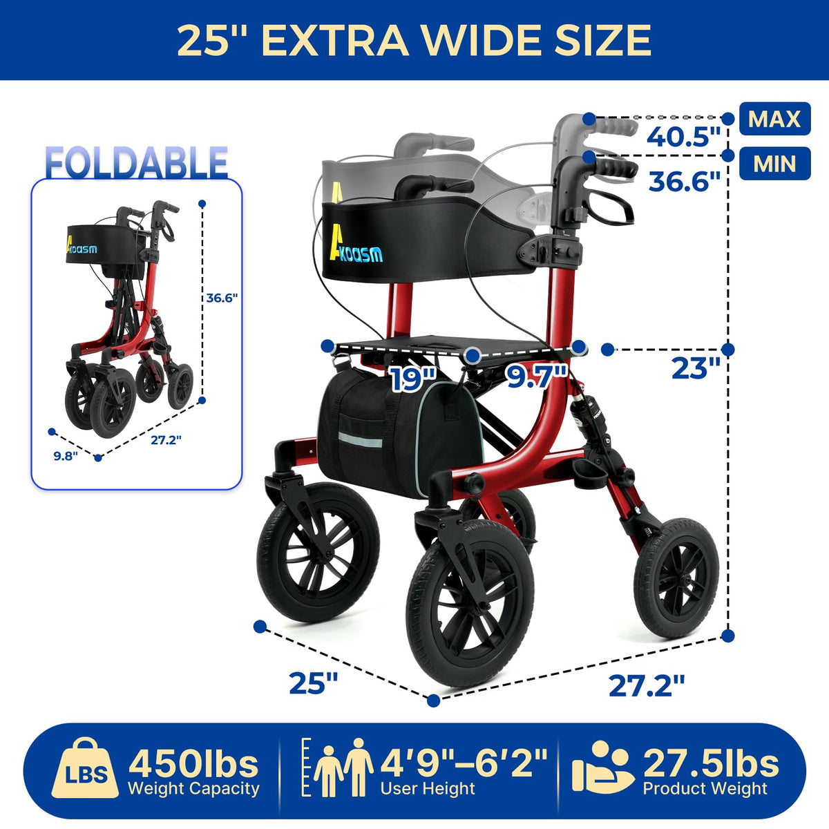 Outdoor Rollator Walkers with 12" Front Wheels F47545