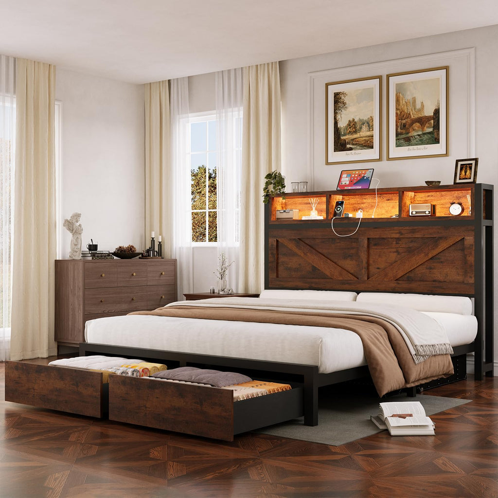 Queen Bed Frame with Bookcase Storage Headboard and 2 Storage Drawers O53786