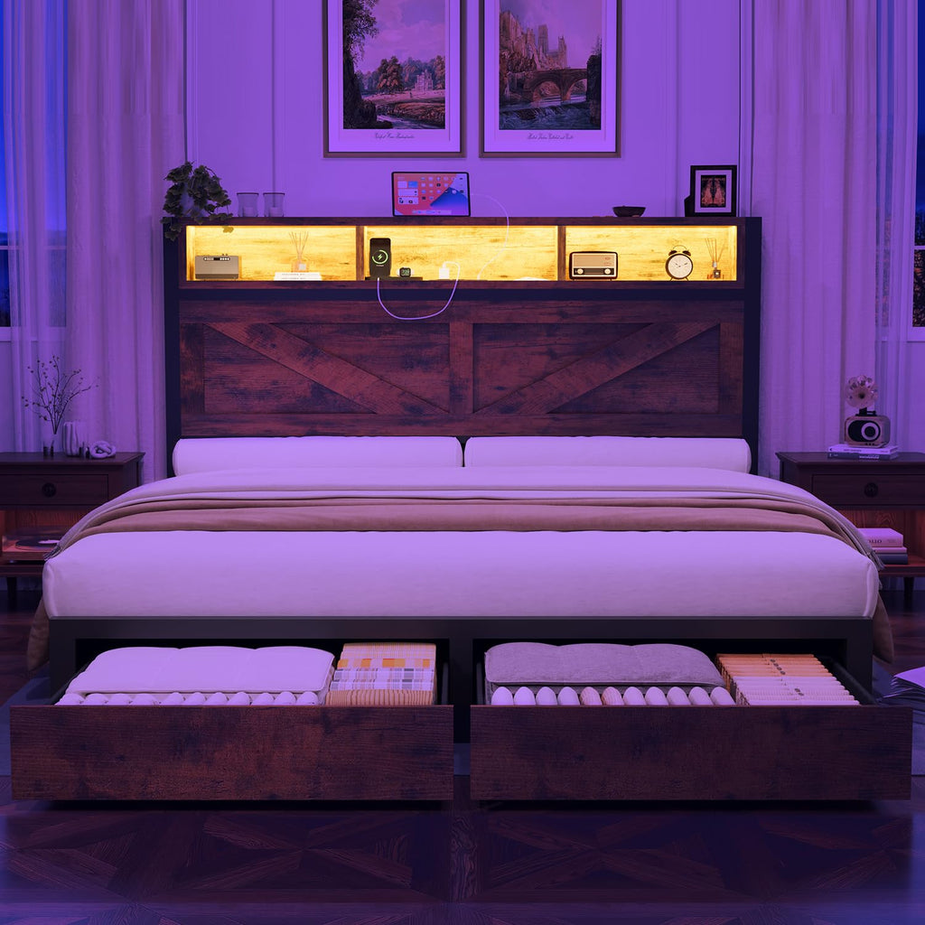 Queen Bed Frame with Bookcase Storage Headboard and 2 Storage Drawers O53786