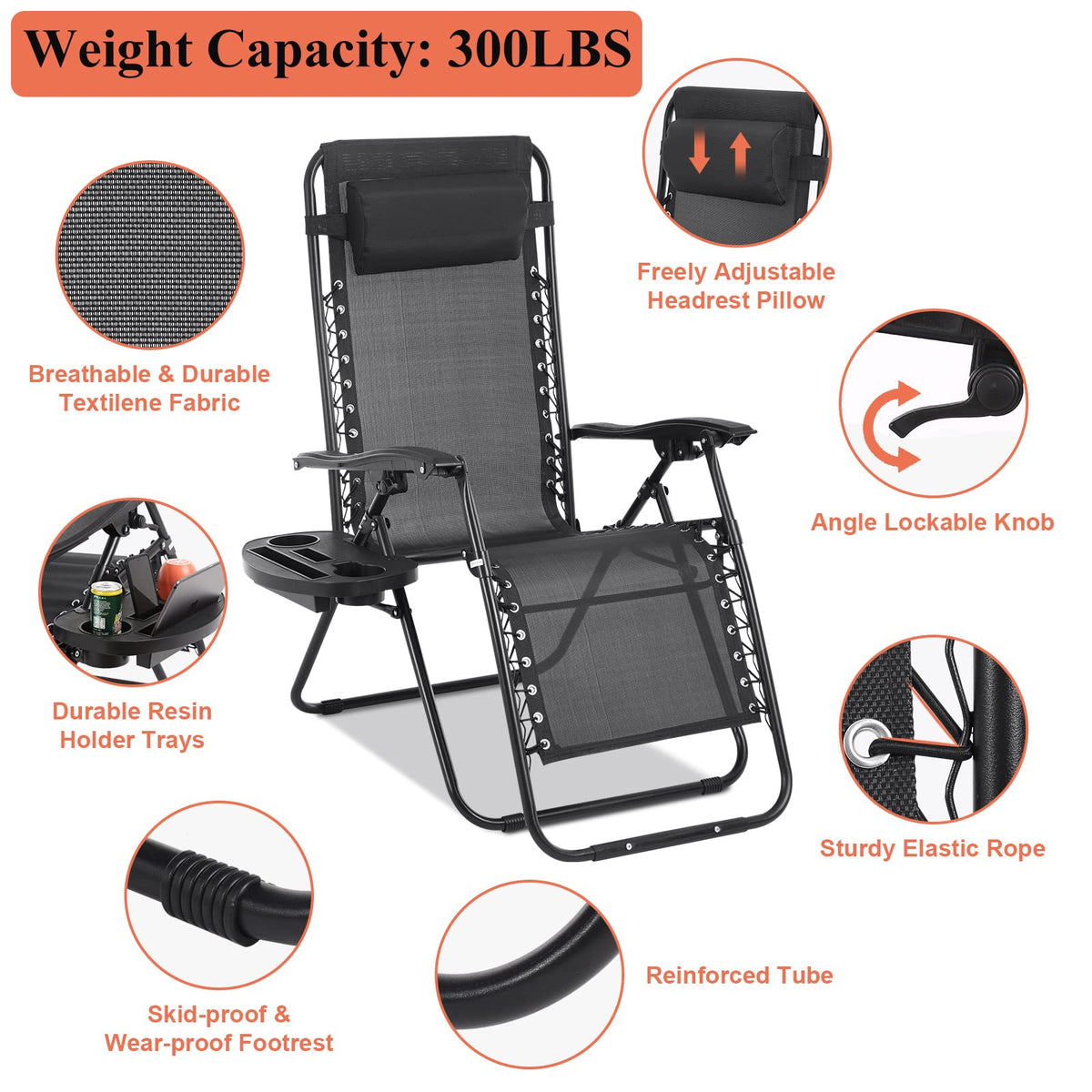 Zero Gravity Chair with Pillow and Cup Holder Trays, Black Q985