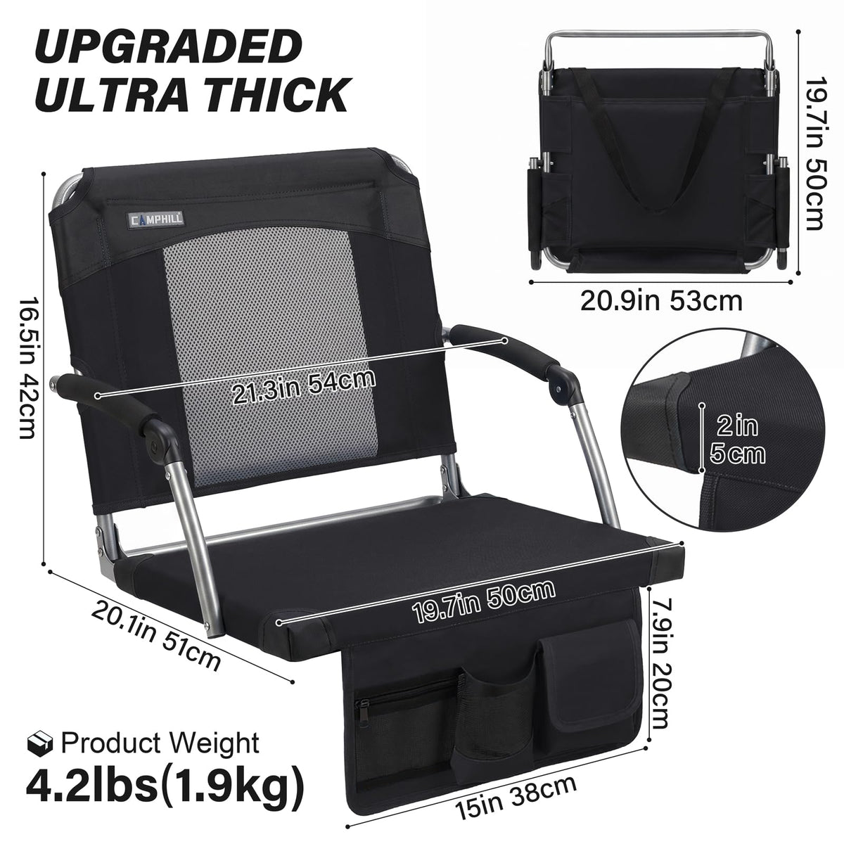 2 Pack Black Stadium Seats with Back Support & Armrests E6134