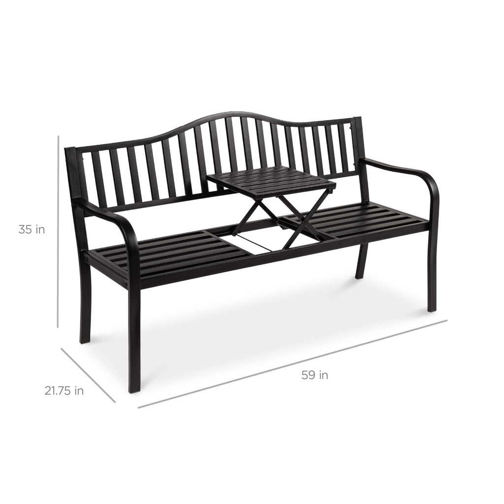 Black Steel Outdoor Garden Bench with Pullout Middle Table D761