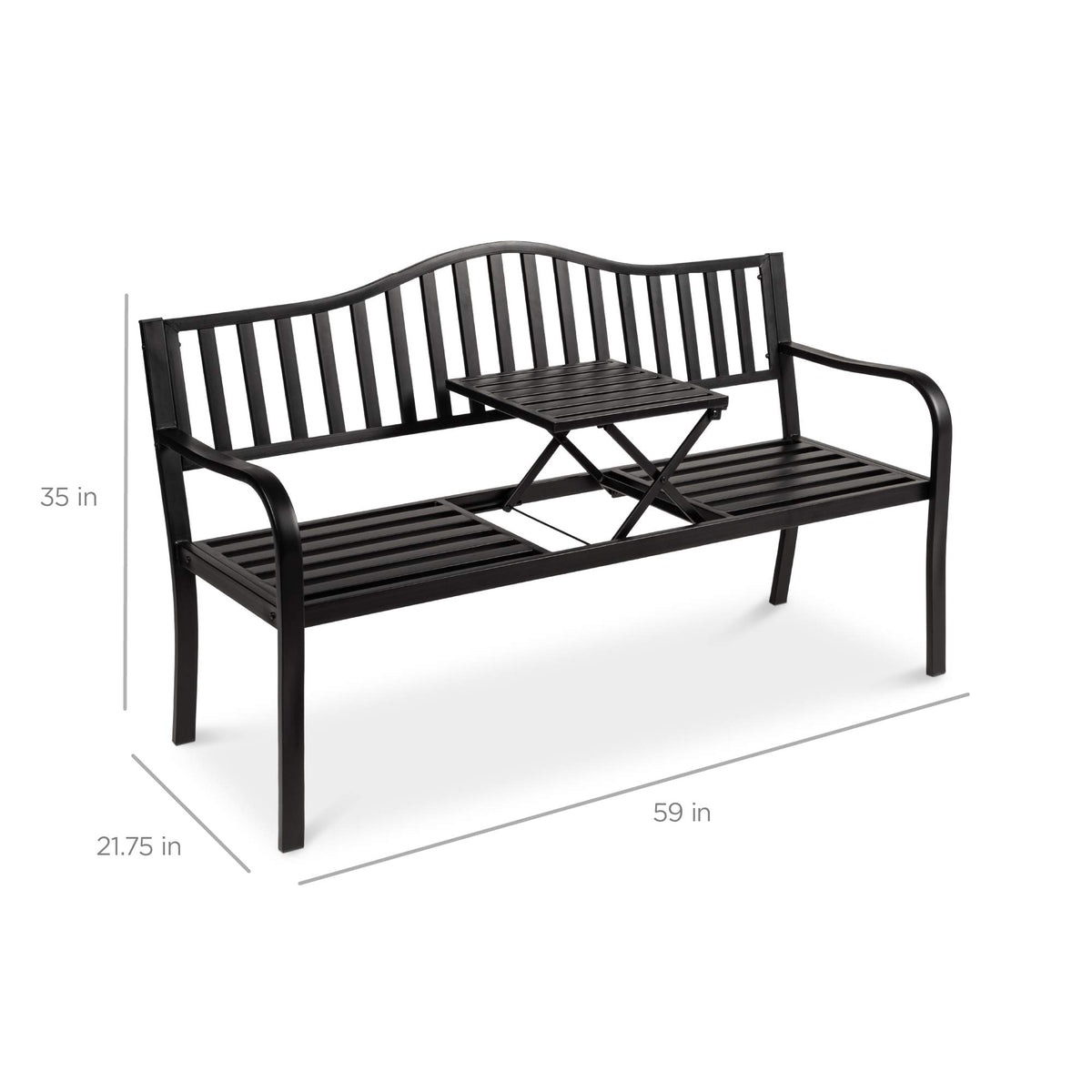 Black Steel Outdoor Garden Bench with Pullout Middle Table D761