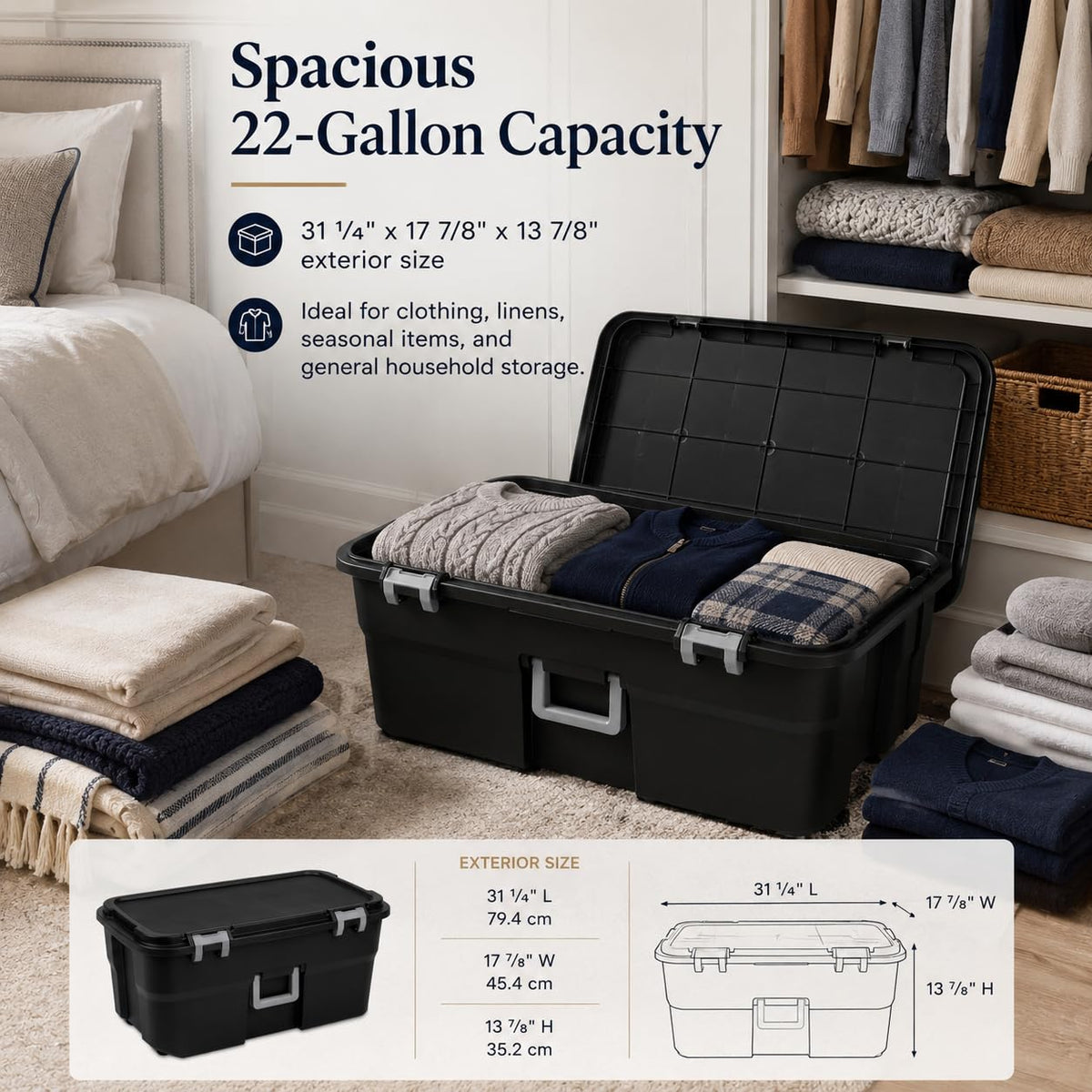 Black Plastic Storage Footlocker with Wheels K1346