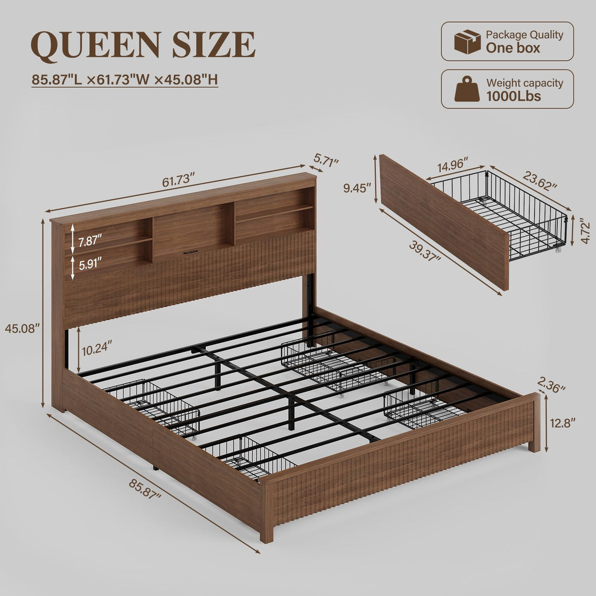 Queen Size Bed Frame with 4 Storage Drawers F223455