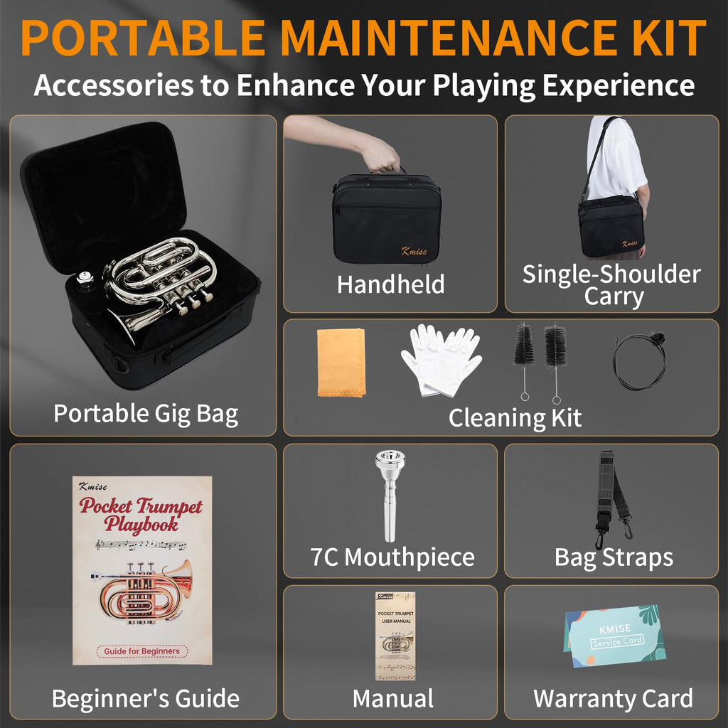 Bb Portable Pocket Trumpet with Case, 7C Mouthpiece and Cleaning Kit D284