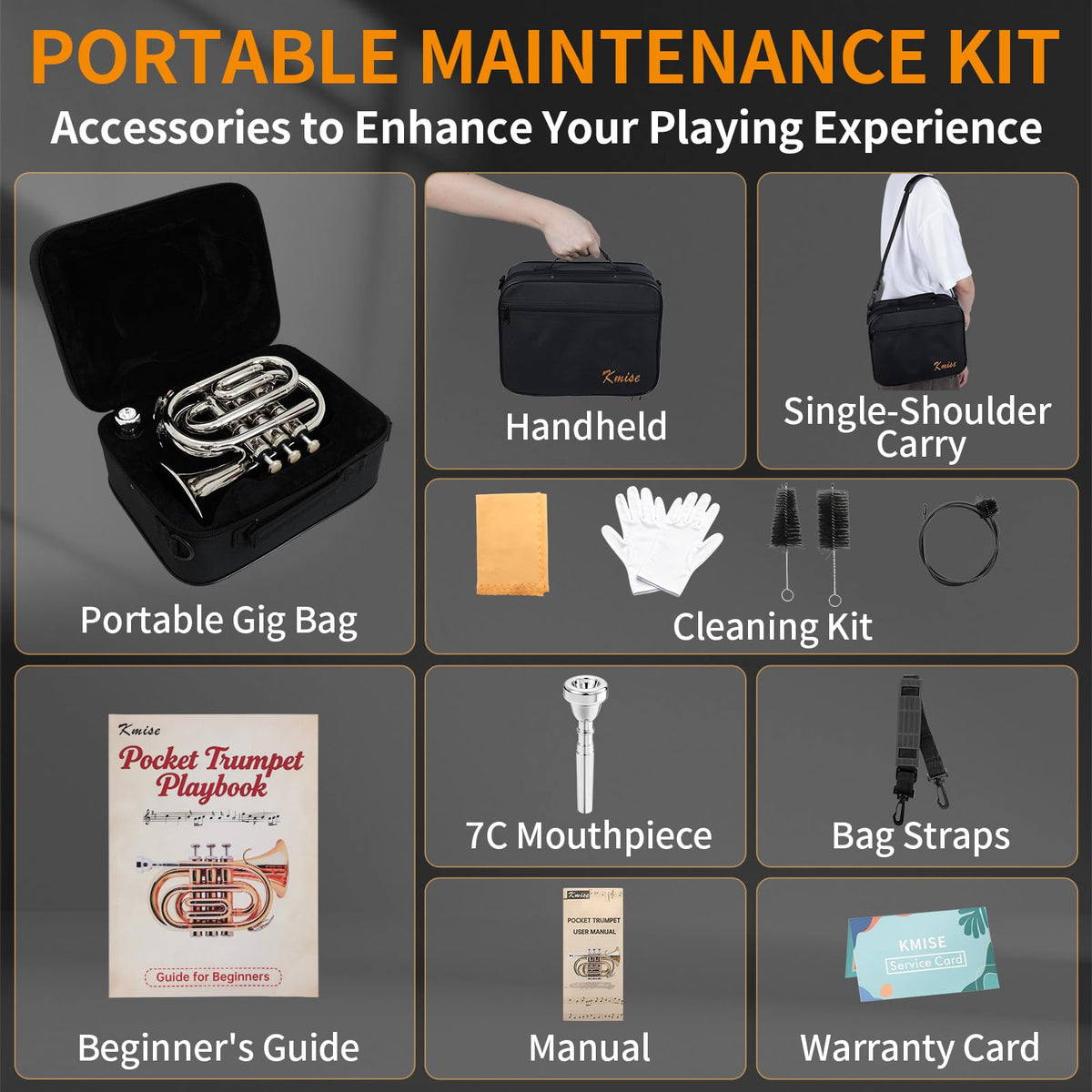 Bb Portable Pocket Trumpet with Case, 7C Mouthpiece and Cleaning Kit D284