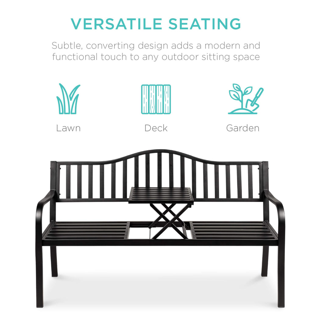 Black Steel Outdoor Garden Bench with Pullout Middle Table D761