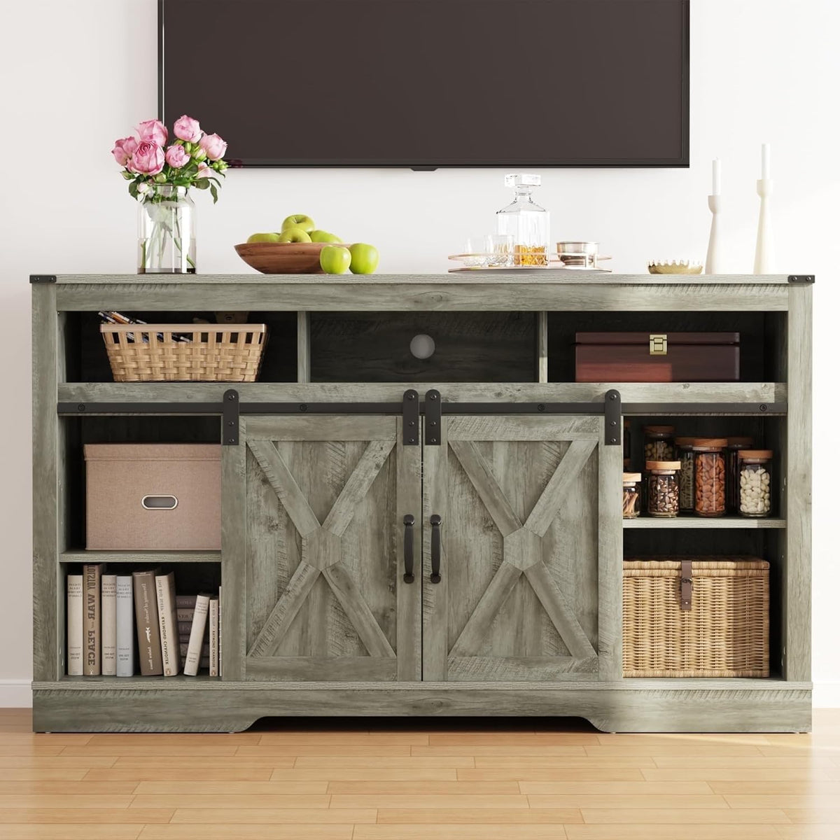 Light Grey Farmhouse TV Stand with Sliding Bar Door W5354