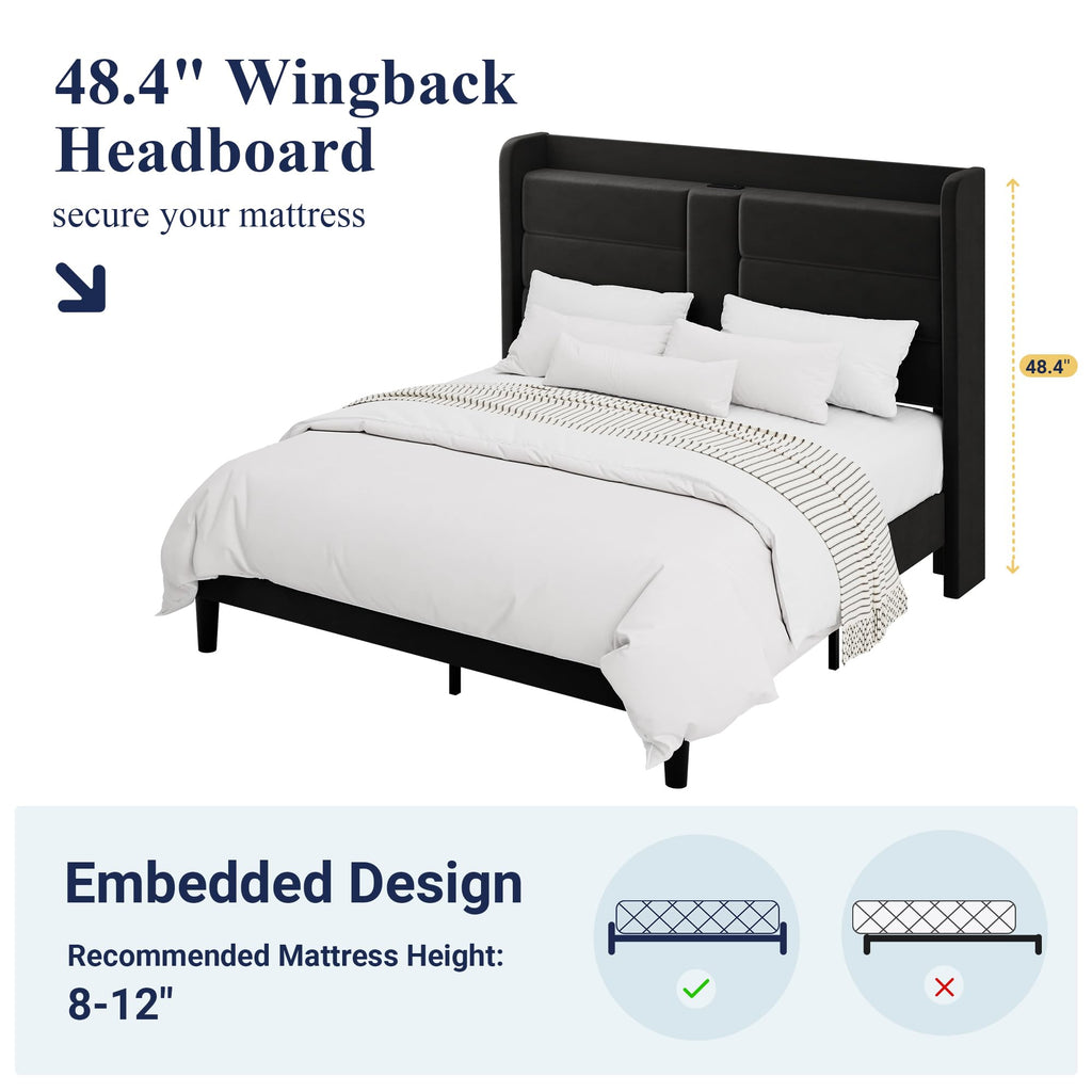 Queen Size Black Velvet Upholstered Platform Bed Frame with Storage Headboard W9954