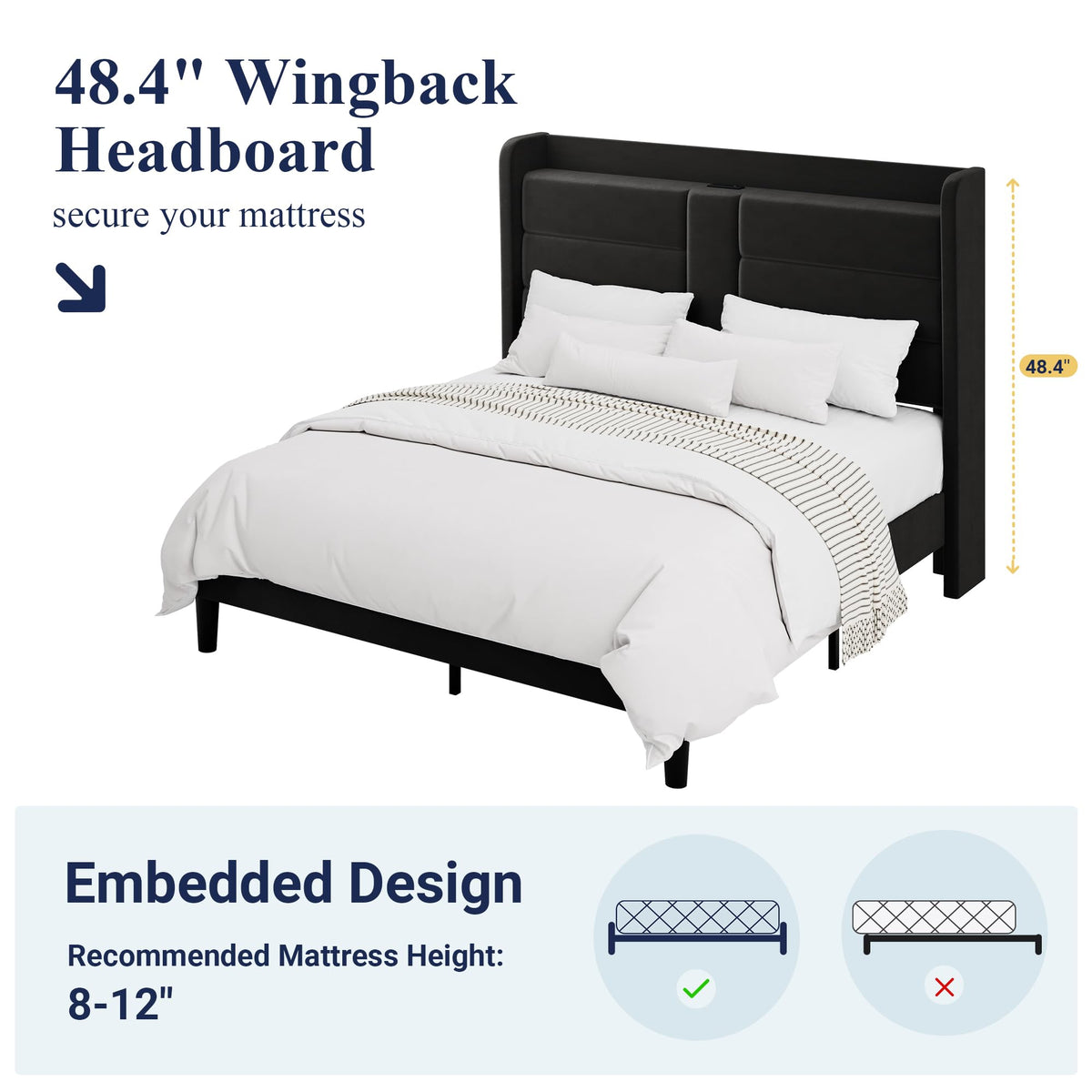 Queen Size Black Velvet Upholstered Platform Bed Frame with Storage Headboard W9954