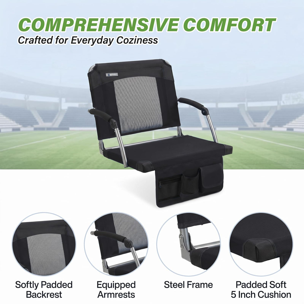 2 Pack Black Stadium Seats with Back Support & Armrests E6134
