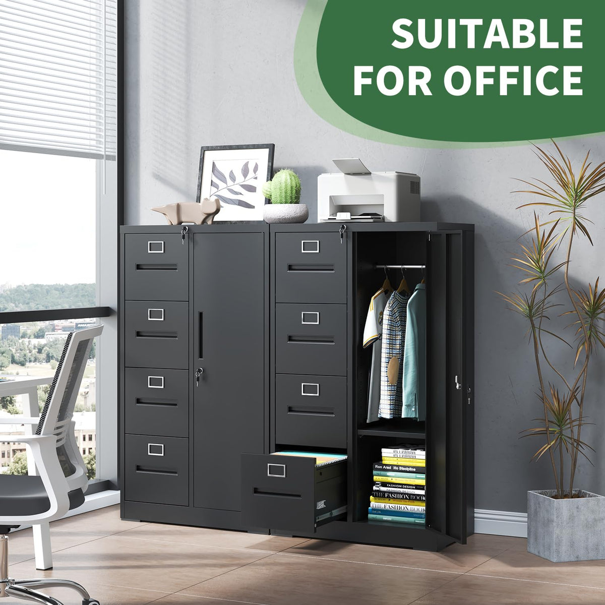 4 Drawer Vertical File Cabinet with Lock and Storage Shelves Black O256