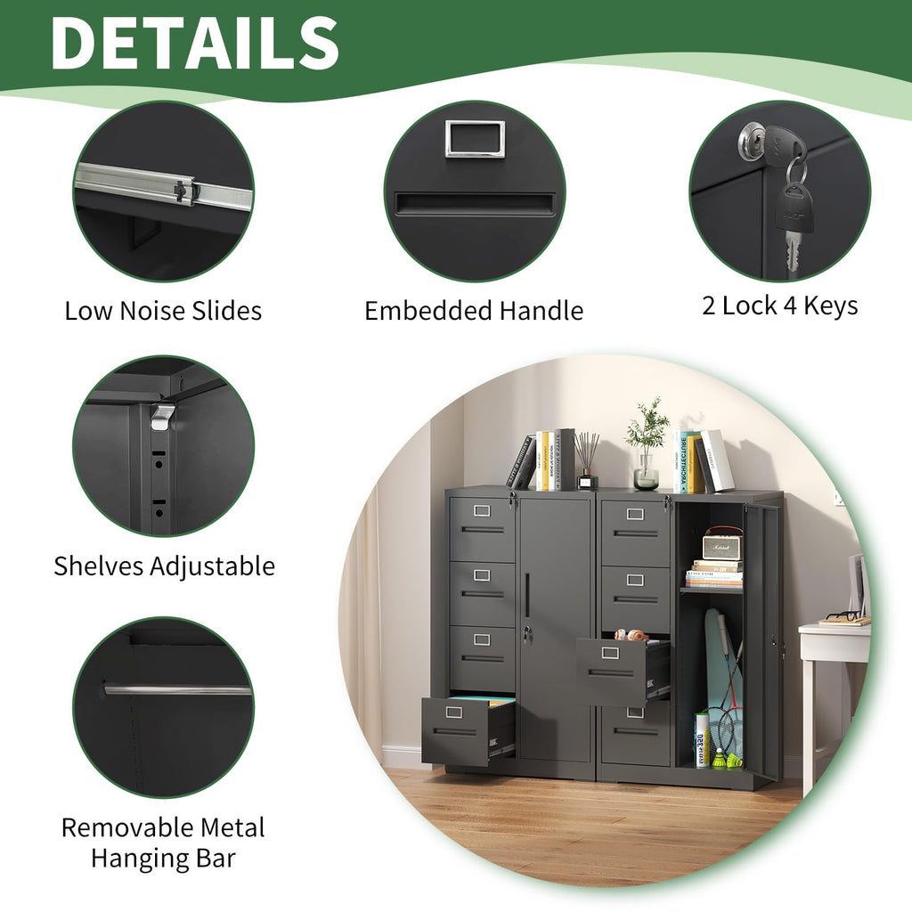 4 Drawer Vertical File Cabinet with Lock and Storage Shelves Black O256