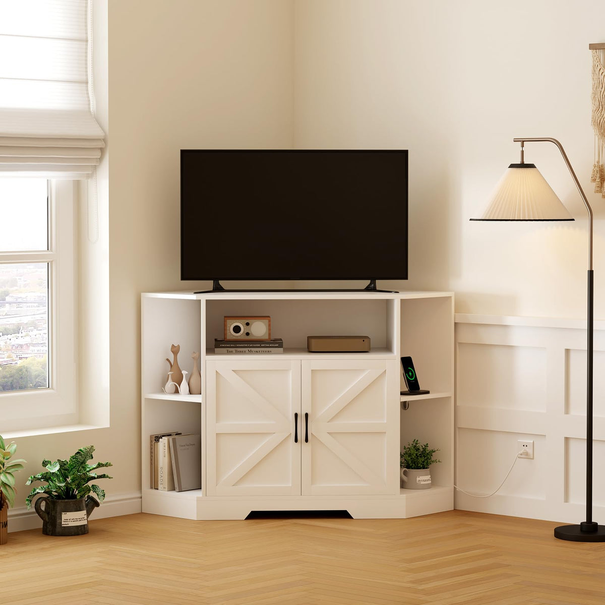Corner TV Stand with Power Outlet & Barn Doors C998