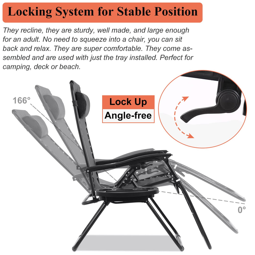 Zero Gravity Chair with Pillow and Cup Holder Trays, Black Q985